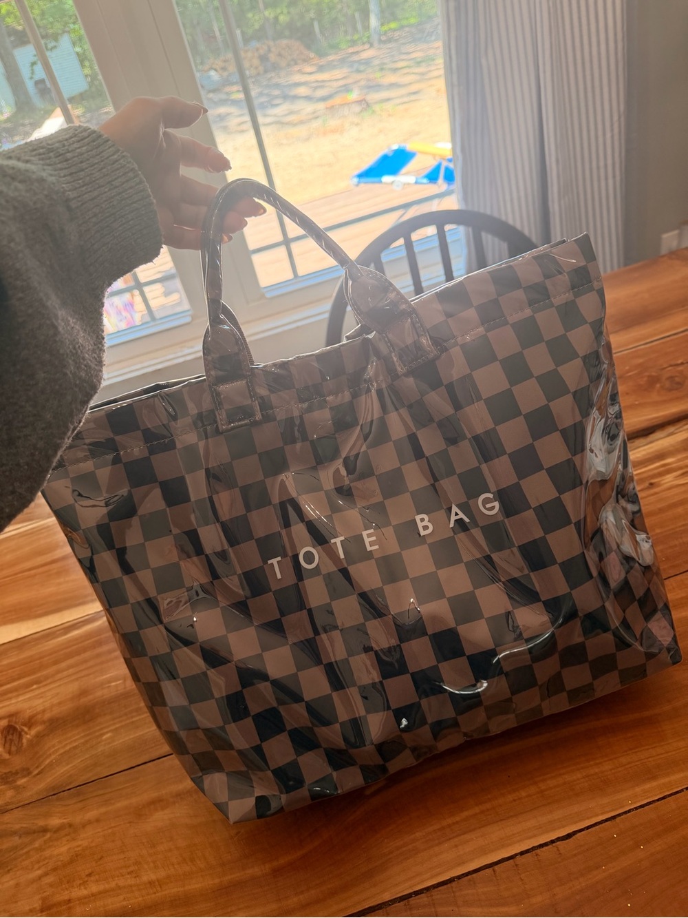 Checker-Print PVC Tote Bag in Brown, Brand New, Tote Bag Cute
